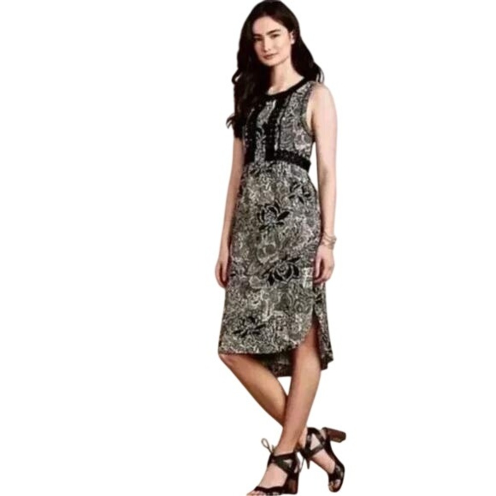 Holding Horses Floral Print Midi Dress Size 2 Black Cream Sleeveless High Low